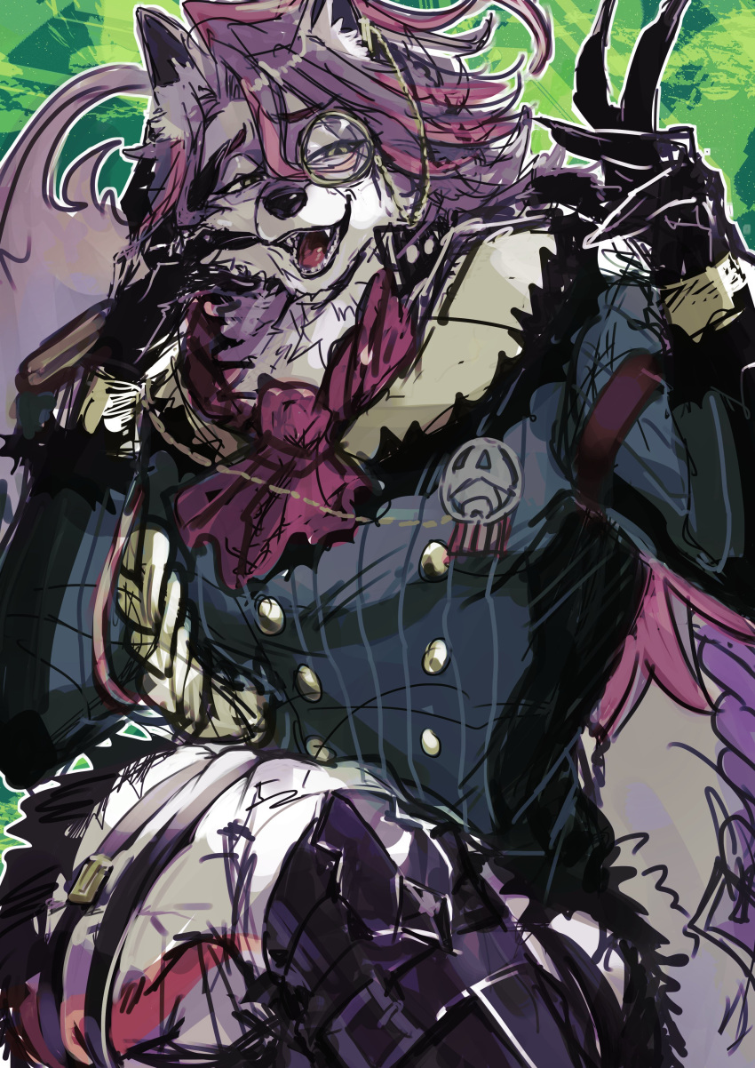#compass, 1boy, absurdres, animal_ears, ascot, black_gloves, charles_richter_(#compass), commentary_request, crossed_legs, fangs, furry, furry_male, gloves, highres, looking_at_viewer, male_focus, monocle, monocle_chain, multicolored_hair, open_mouth, pants, passpassaka, red_ascot, sketch, tail, white_pants, wolf_boy, wolf_ears, wolf_tail