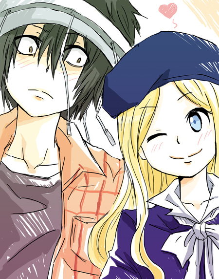1girl, beret, black_hair, blonde_hair, blue_eyes, blush, color, comic