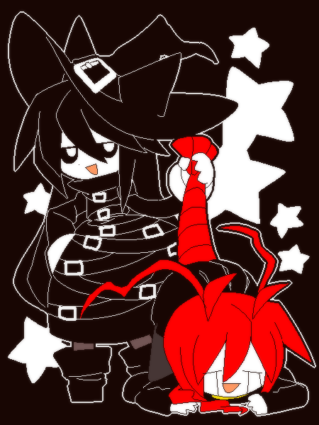 2girls, all_fours, animal_hat, antenna_hair, antennae, belt, black_background, black_dress