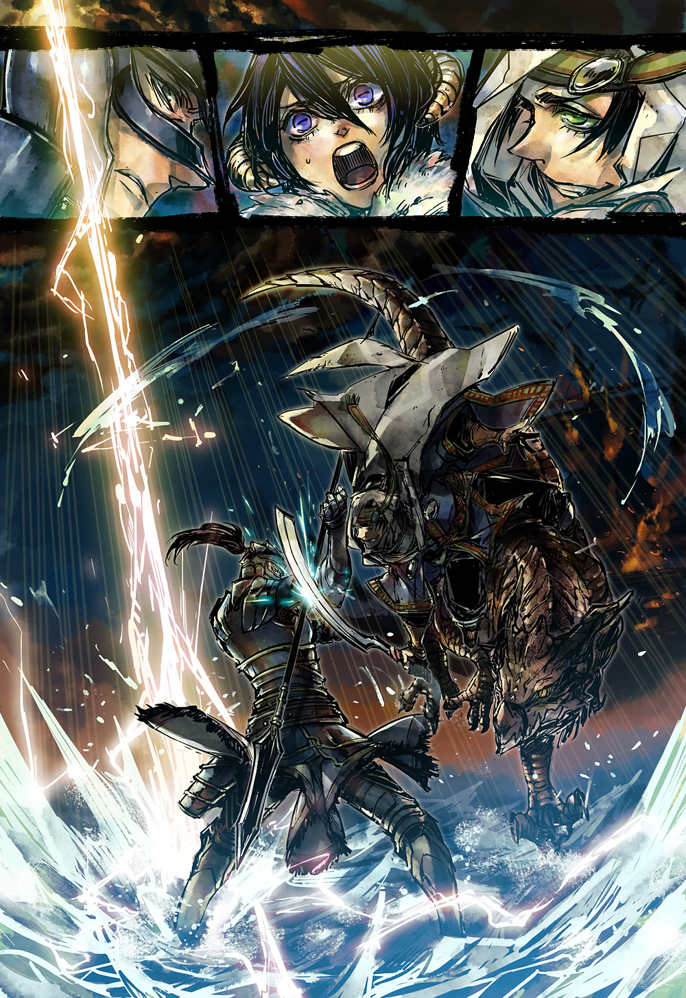 aka_gan_k, armor, battle, comic, helmet, highres, horns, lightning