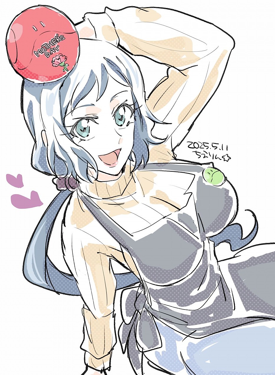 1girl, blue_hair, blush, breasts, commentary, denim, green_eyes, gundam, gundam_build_fighters, haro, highres, huge_breasts, iori_rinko, jeans, large_breasts, long_hair, looking_at_viewer, mature_female, navel, open_mouth, pants, ponytail, ribbed_sweater, simple_background, smile, sweater, turtleneck, untranslatable_commentary, white_background, yanada_kiyorin