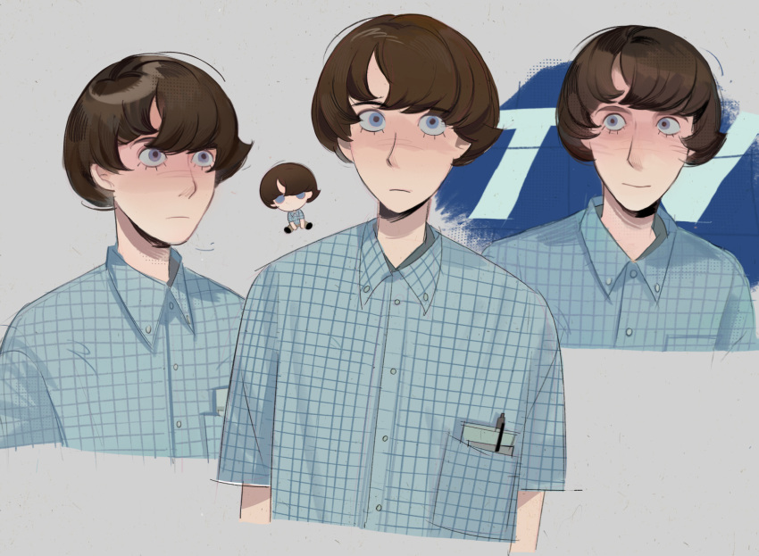 1boy, adam_lanza, aged_down, animification, arms_at_sides, blue_eyes, blue_shirt, blush