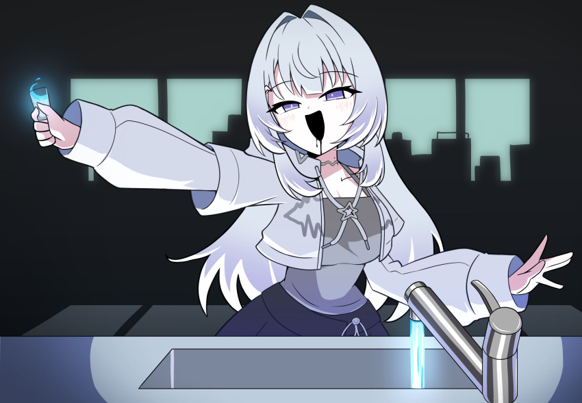 1girl, commentary_request, glass, grey_eyes, highres, hizukoko, jacket, kiyosumi_lyra