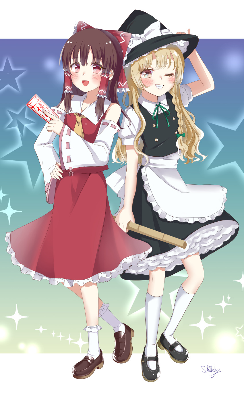 2girls, :d, absurdres, apron, ascot, back_bow, between_fingers, black_hat
