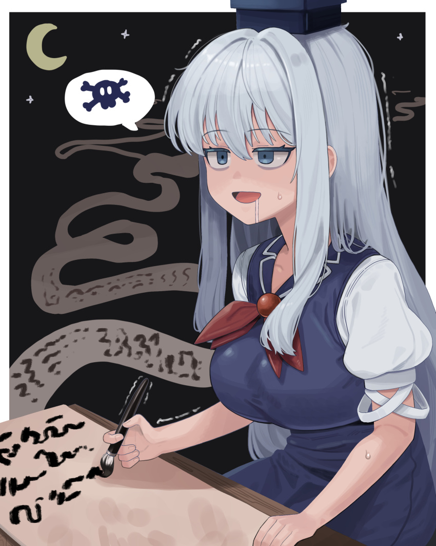 1girl, absurdres, bags_under_eyes, blue_dress, blue_eyes, breasts, calligraphy_brush, crescent, dress, drooling, english_commentary, grey_hair, hair_between_eyes, hat, highres, holding, holding_calligraphy_brush, holding_paintbrush, kamishirasawa_keine, large_breasts, long_hair, mynameislth2, paintbrush, parted_lips, scroll, shirt, short_sleeves, sitting, smile, solo, spoken_skull, star_(symbol), sweat, sweatdrop, touhou, trembling, white_shirt, writing