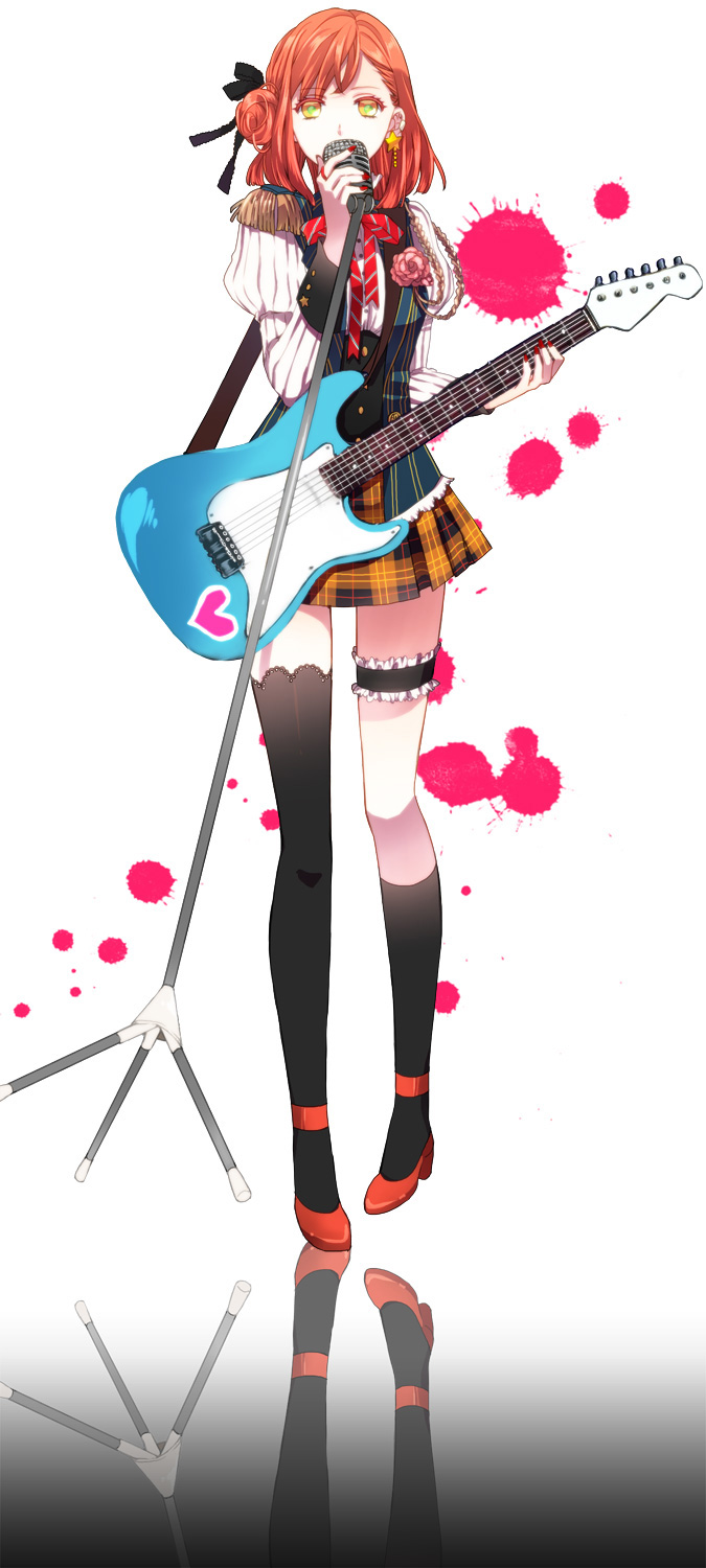 earrings, flower, garters, guitar, hair_ribbon, high_heels, highres, instrument