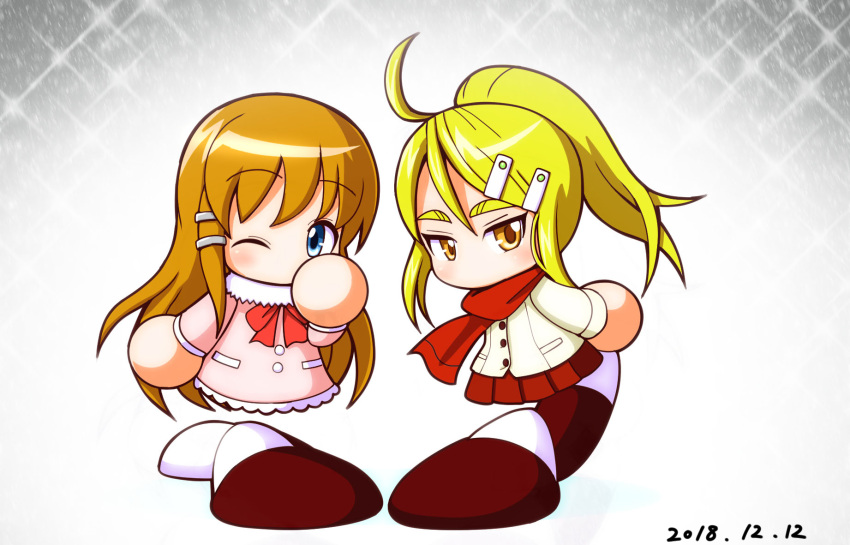 2018, 2girls, ahoge, blonde_hair, blue_eyes, bow, bowtie, brown_hair