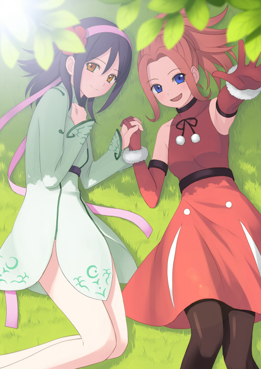 arc_rise_fantasia, bad_id, blue_eyes, chrono_(pixiv), hair_ribbon, hand_holding, holding_hands, kuro_(chrono)