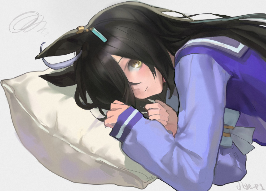 1girl, ahoge, animal_ear_earrings, animal_ears, black_hair, blue_shirt, bow, bowtie
