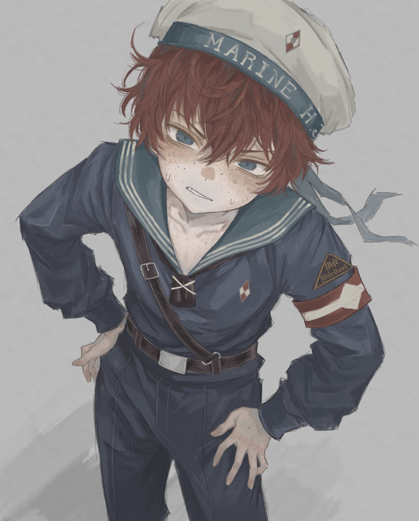 1boy, absurdres, adept_pelinal, annoyed, blue_eyes, blue_jacket, blue_pants, child