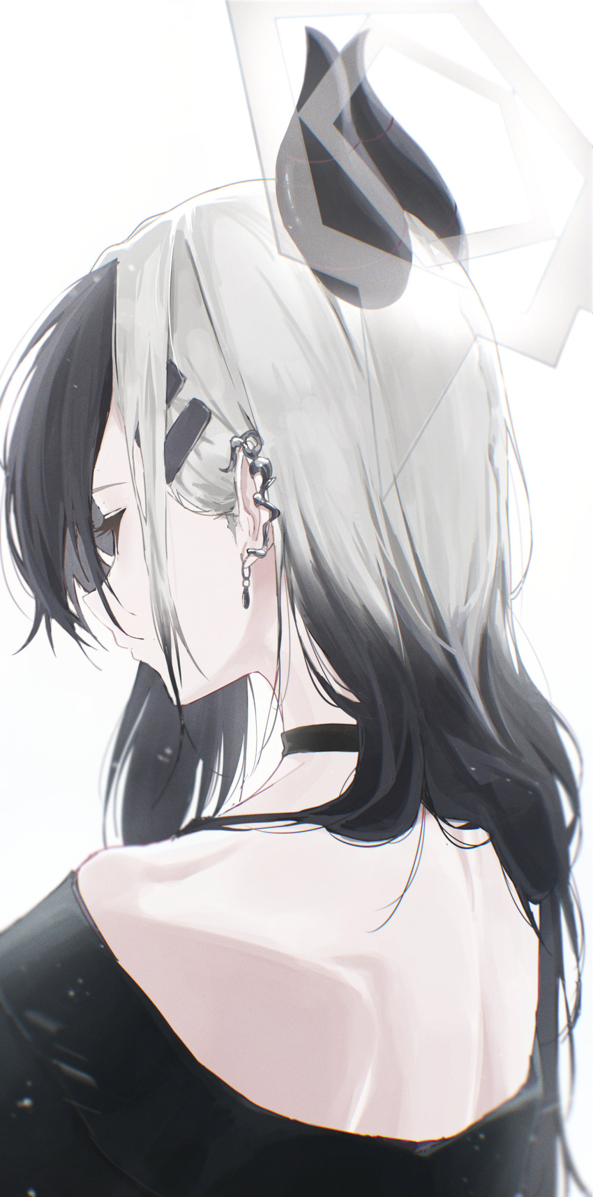 1girl, absurdres, alternate_hairstyle, back, bare_shoulders, black_choker, black_hair, black_shirt, blue_archive, choker, closed_eyes, commentary, earrings, hair_behind_ear, hair_ornament, hairclip, halo, highres, horns, jewelry, kayoko_(blue_archive), kisaragi_1go, long_hair, mew_(mew_chi), multicolored_hair, parallel_hairclips, shirt, solo, untranslatable_commentary, white_background, white_hair