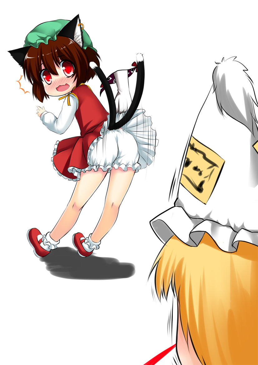 ass, blonde_hair, blood, bloomers, blush, brown_hair, cat_ears, cat_tail, chen, earrings, gap, hat, jewelry, langlong, looking_back, multiple_girls, multiple_tails, nosebleed, ookami_ryuu, open_mouth, red_eyes, short_hair, simple_background, skirt, skirt_lift, tail, touhou, yakumo_ran, yakumo_yukari