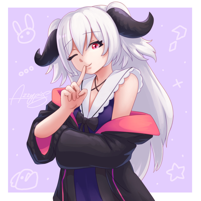 1girl, aiko_(phase_connect), artist_name, azzypics, black_bow, black_horns, black_jacket, blue_dress