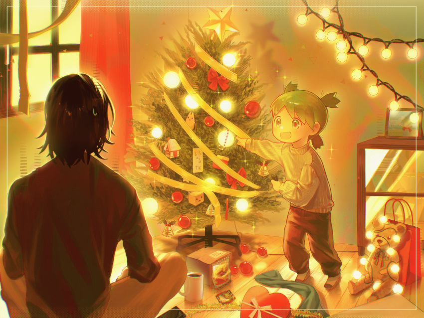 1boy, 1girl, absurdres, black_hair, child, christmas_star, christmas_tree, commentary, cup, father_and_child, father_and_daughter, full_body, green_eyes, green_hair, highres, indoors, koiwai_yotsuba, kyojxn, mr._koiwai, parent_and_child, pointing, quad_tails, sitting, smile, stuffed_animal, stuffed_toy, sweater, teddy_bear, warm_colors, yotsubato!