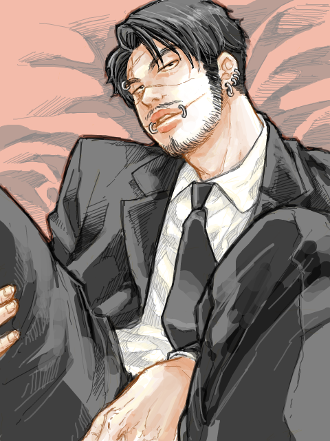 1boy, beard, black_hair, black_necktie, commentary_request, ear_piercing, eyebrow_piercing, face_piercing
