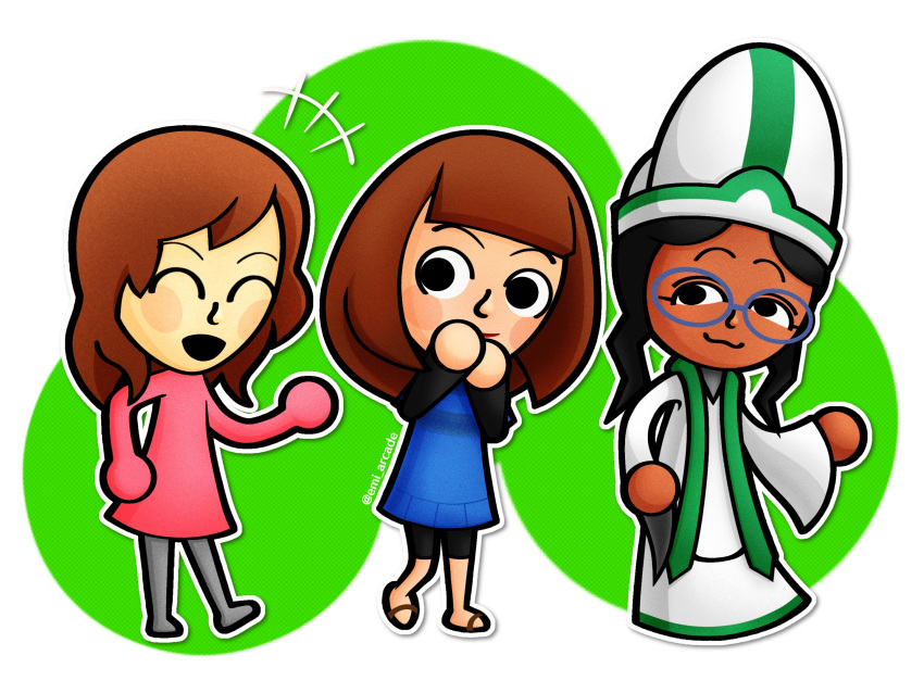 3girls, bike_shorts, black_hair, blue_dress, blush_stickers, brown_hair, cleric_(miitopia), dark-skinned_female, dark_skin, dress, emi_arcade, eyelashes, glasses, highres, looking_at_another, mii_(nintendo), multiple_girls, nintendo, robe, standing, talking, walking