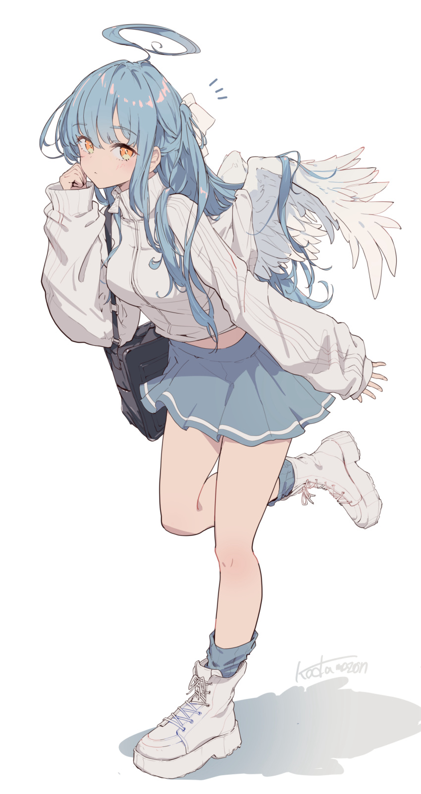 1girl, absurdres, angel, angel_wings, artist_name, bag, black_bag, blue_hair