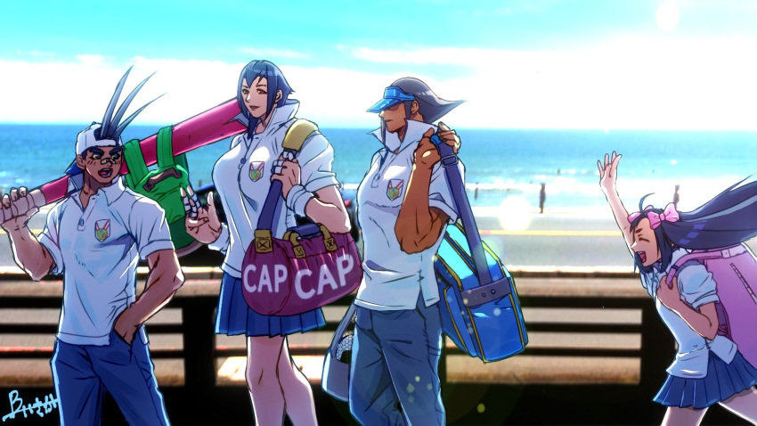 2boys, 2girls, :d, ^_^, alternate_costume, alternate_universe, antenna_hair, arm_up