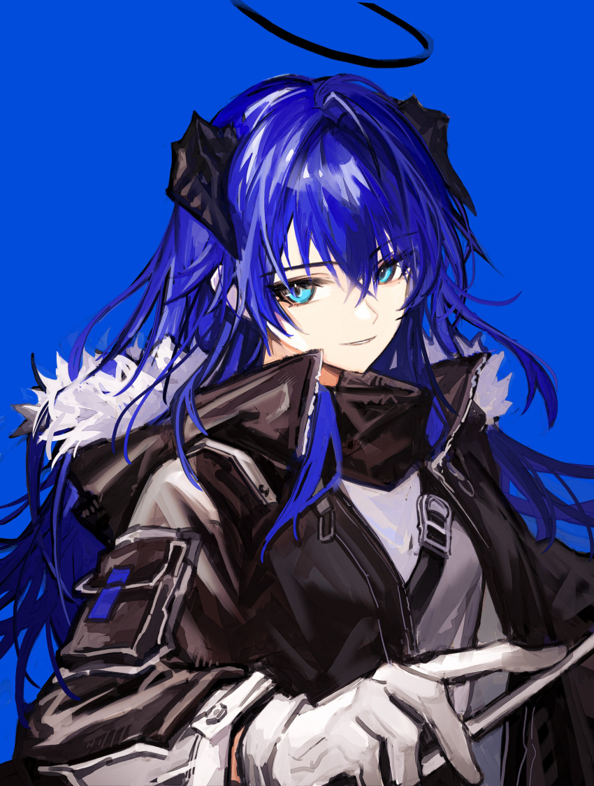 1girl, absurdres, arknights, black_halo, black_horns, black_jacket, blue_background, blue_eyes