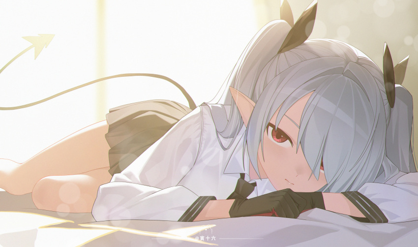 1girl, artist_name, benpao_de_ruoji, black_gloves, black_necktie, black_skirt, black_tail, blue_archive