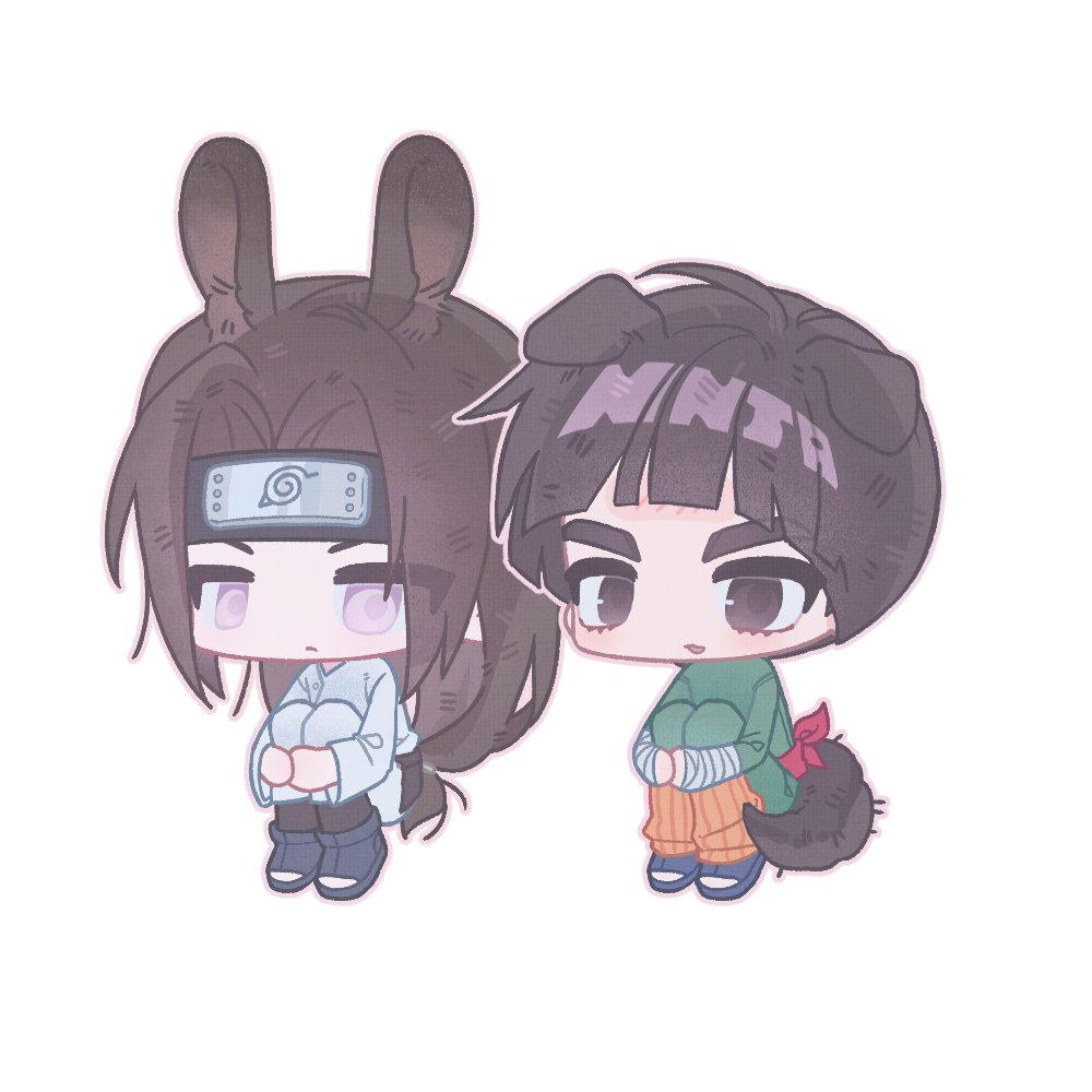 2boys, animal_ears, bandaged_hand, bandages, belt, black_eyes, black_hair, black_headband