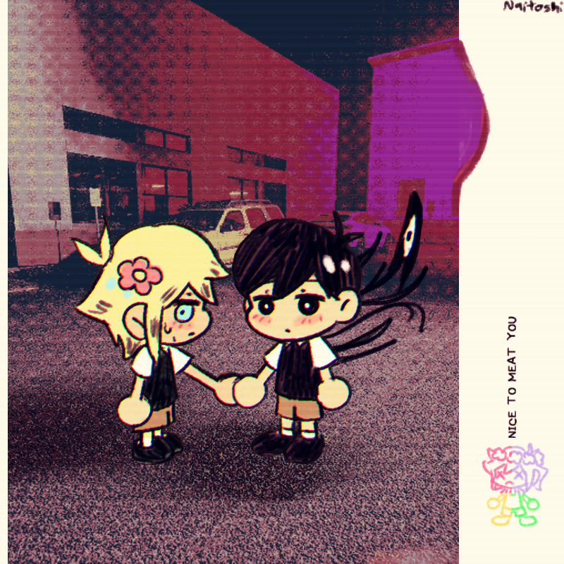 2boys, album_cover_redraw, alternate_color, antenna_hair, artist_name, basil_(faraway)_(omori), basil_(omori), black_eyes