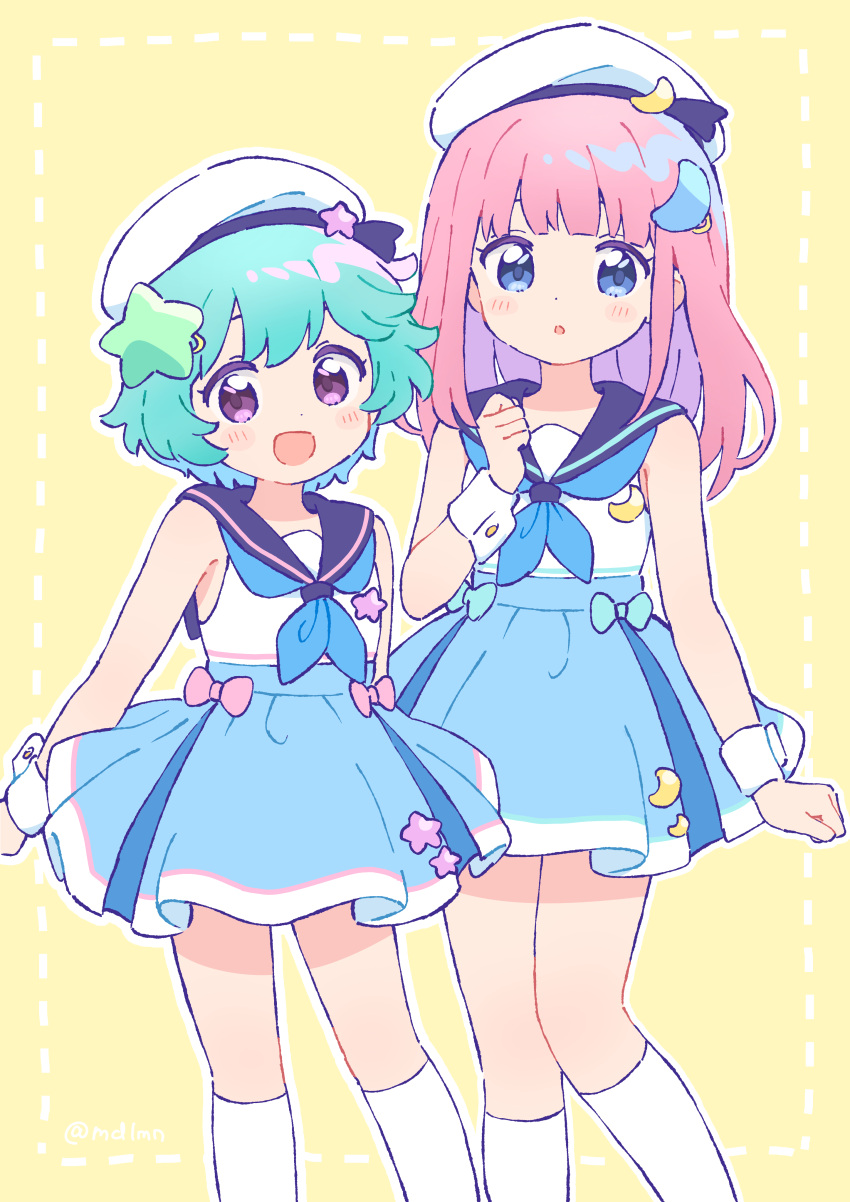 2girls, absurdres, aqua_hair, artist_name, beret, blue_bow, blue_eyes, blue_skirt