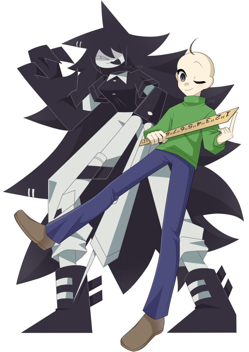 0326_ota, 1boy, 1girl, :3, ;), absurdly_long_hair, animal_ears, bald