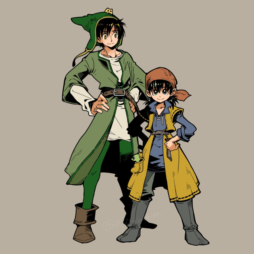 2boys, animal, animal_in_clothes, bandana, belt, belt_buckle, black_hair, blue_tunic