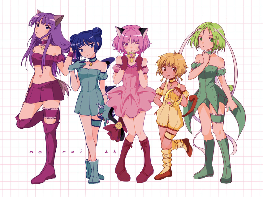 5girls, :3, ;3, absurdres, aizawa_mint, animal_ears, bare_shoulders, bell, blonde_hair, blue_boots, blue_choker, blue_dress, blue_eyes, blue_gloves, blue_hair, blue_wings, boots, braid, brown_eyes, choker, closed_mouth, detached_sleeves, double_bun, dress, fong_pudding, fujiwara_zakuro, full_body, gloves, green_boots, green_choker, green_dress, green_eyes, green_hair, grid_background, gupipy, hair_bun, highres, lettustanets, long_hair, magical_girl, mew_ichigo, mew_lettuce, mew_mint, mew_pudding, mew_zakuro, midorikawa_lettuce, midriff, mintone_arrow, momomiya_ichigo, monkey_ears, monkey_girl, monkey_tail, multiple_girls, one_eye_closed, open_mouth, pink_dress, pink_hair, puffy_detached_sleeves, puffy_sleeves, puring_ring, purple_boots, purple_choker, purple_hair, purple_skirt, short_hair, skirt, smile, strawbell_bell, tail, tail_bell, tail_ornament, thigh_boots, tokyo_mew_mew, violet_eyes, wings, wolf_ears, wolf_girl, wolf_tail, yellow_choker