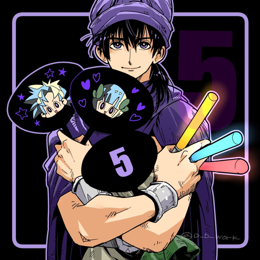 1boy, black_background, black_hair, blonde_hair, bow, bracelet, character_fan, cloak