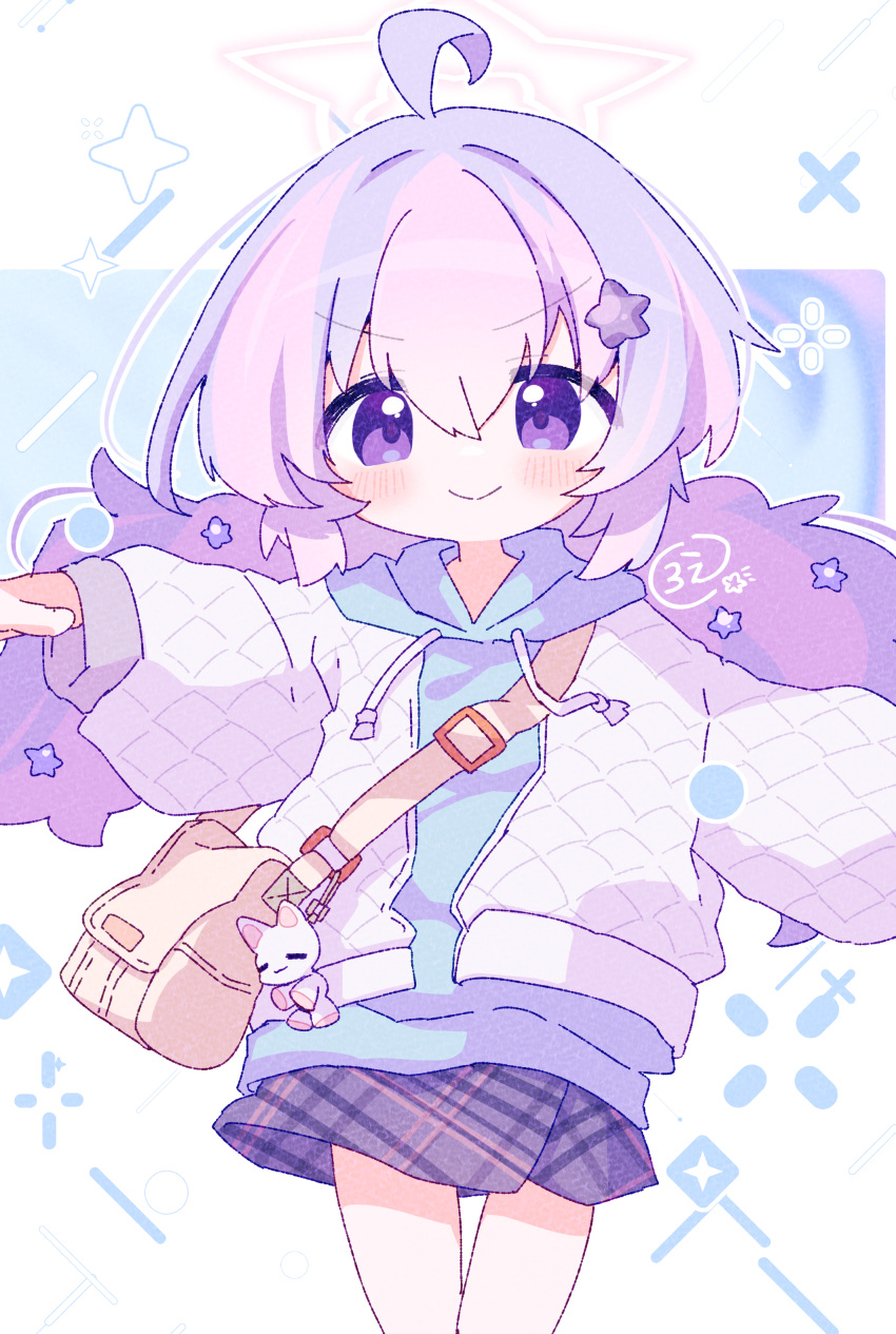 1girl, absurdres, ahoge, alternate_costume, bag, bag_charm, black_skirt, blue_archive