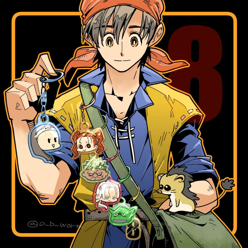 1boy, bandana, black_background, blue_tunic, brown_eyes, brown_hair, character_charm, charm_(object)