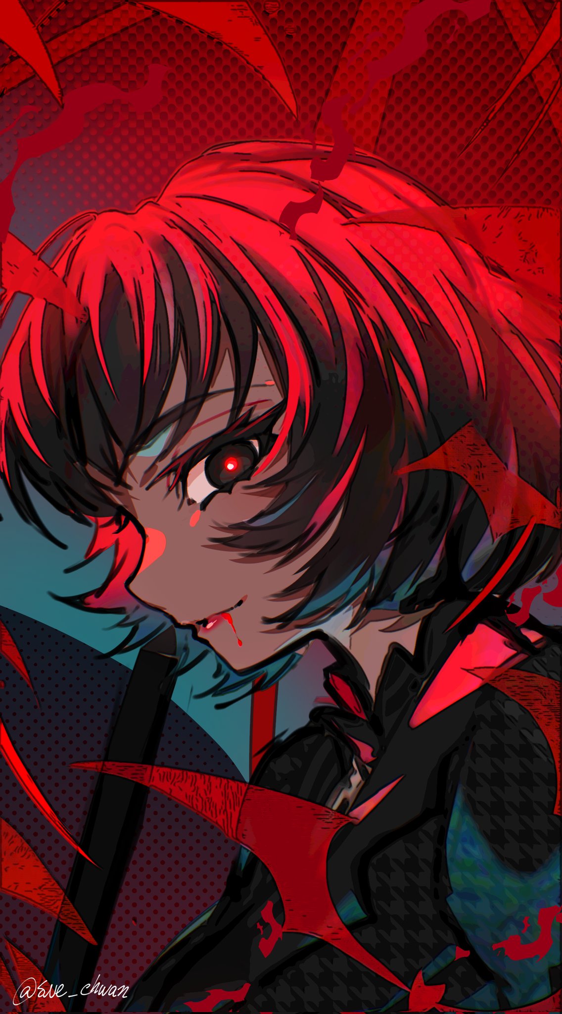 1girl, bat_(animal), black_hair, blood, blood_from_mouth, blood_on_face, blood_on_mouth, bob_cut