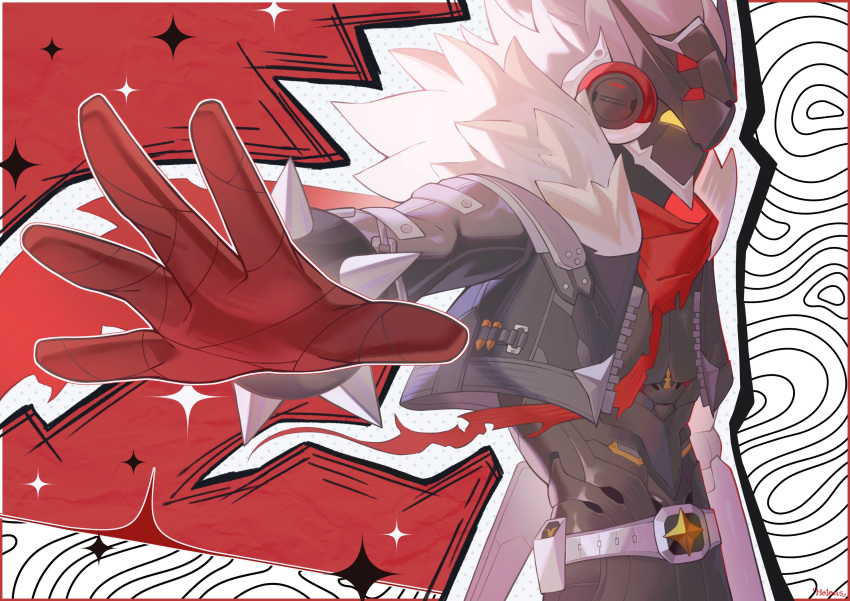 1boy, absurdres, belt, belt_pouch, billy_kid, billy_kid_(starlight), black_jacket, bracelet, commentary, cowboy_shot, diamond_(shape), english_commentary, fishy_white, from_side, fur-trimmed_jacket, fur_trim, gloves, grey_belt, highres, humanoid_robot, jacket, jewelry, long_sleeves, male_focus, official_alternate_costume, open_clothes, open_jacket, outstretched_arm, pouch, red_gloves, red_scarf, robot, scarf, solo, spiked_bracelet, spikes, torn_clothes, torn_scarf, unzipped, white_fur, white_hair, yellow_eyes, zenless_zone_zero