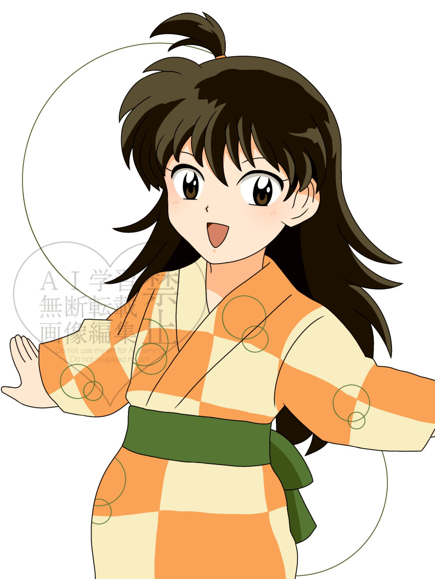1girl, :d, brown_eyes, brown_hair, commentary, highres, inuyasha, japanese_clothes, kimono, official_style, orange_kimono, ponytail, rin_(inuyasha), short_ponytail, smile, solo, watermark, white_background, yuzuna_12