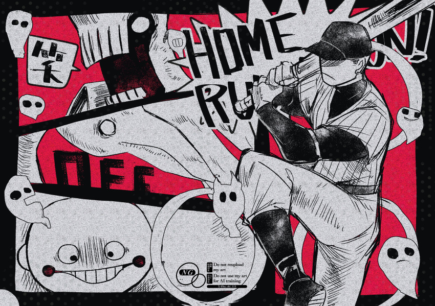 3boys, add-on_(off), arms_up, bald, baseball_bat, baseball_uniform, blank_eyes, closed_mouth
