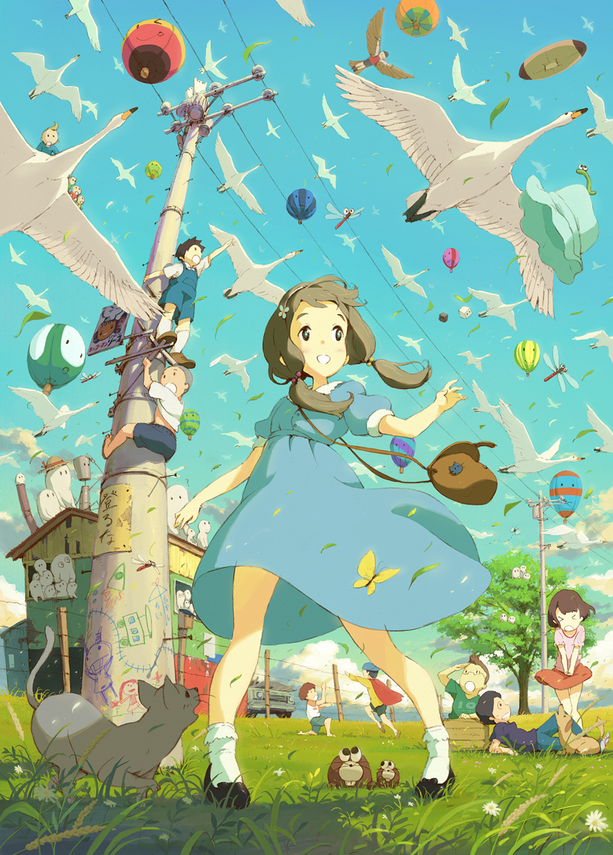 >_<, 6+boys, :d, bird, blimp, brown_hair, butterfly, car