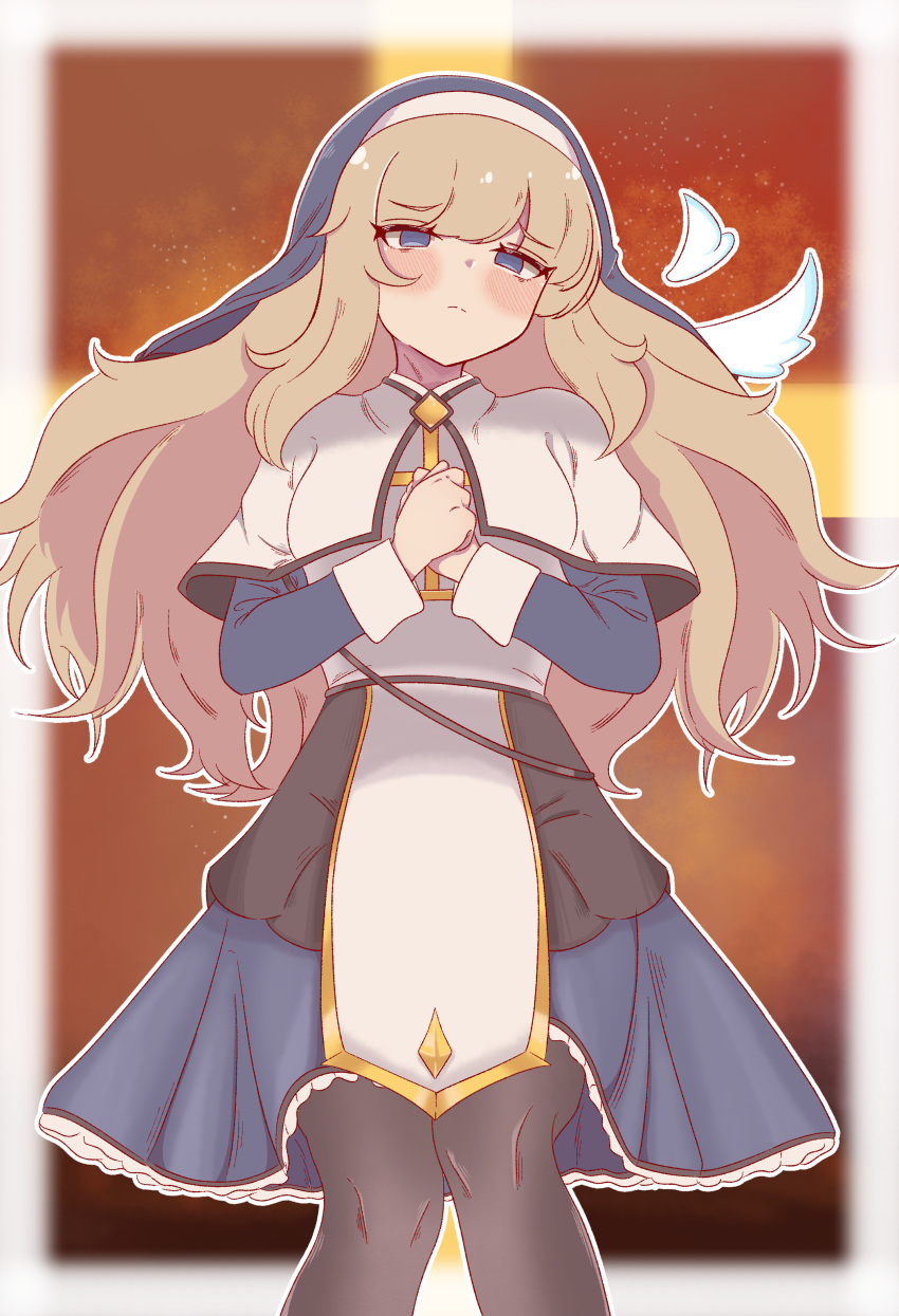 1girl, absurdres, black_pantyhose, blonde_hair, blue_dress, blue_eyes, blue_veil, blurry, blurry_background, blush, capelet, closed_mouth, commentary_request, detached_wings, dress, frilled_dress, frills, highres, long_hair, long_sleeves, looking_at_viewer, ner_(trickcal), nun, nun_headdress, own_hands_together, pantyhose, prprbtt, solo, trickcal, veil, white_capelet, white_wings, wings