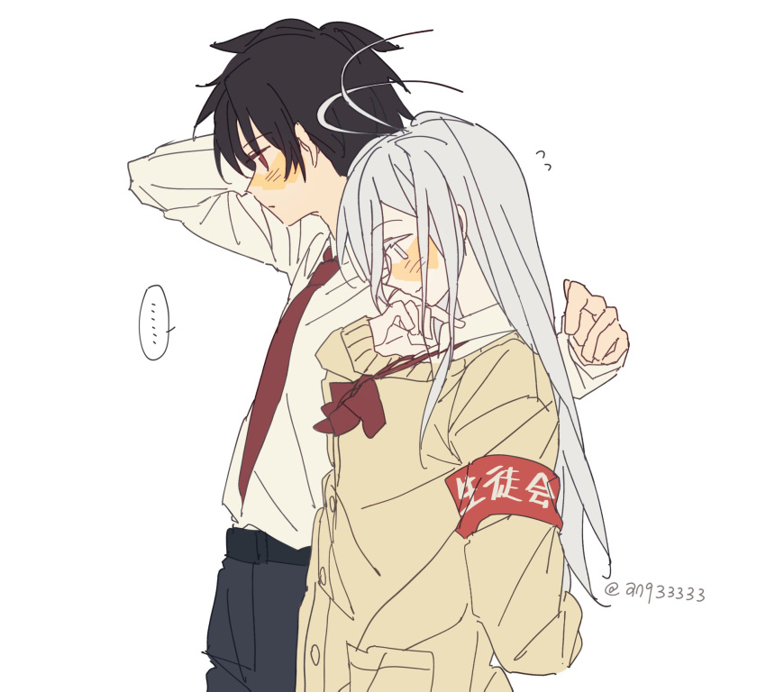 1boy, 1girl, 86_-eightysix-, an9_(jwns5327), antenna_hair, blush, colored_eyelashes, commentary