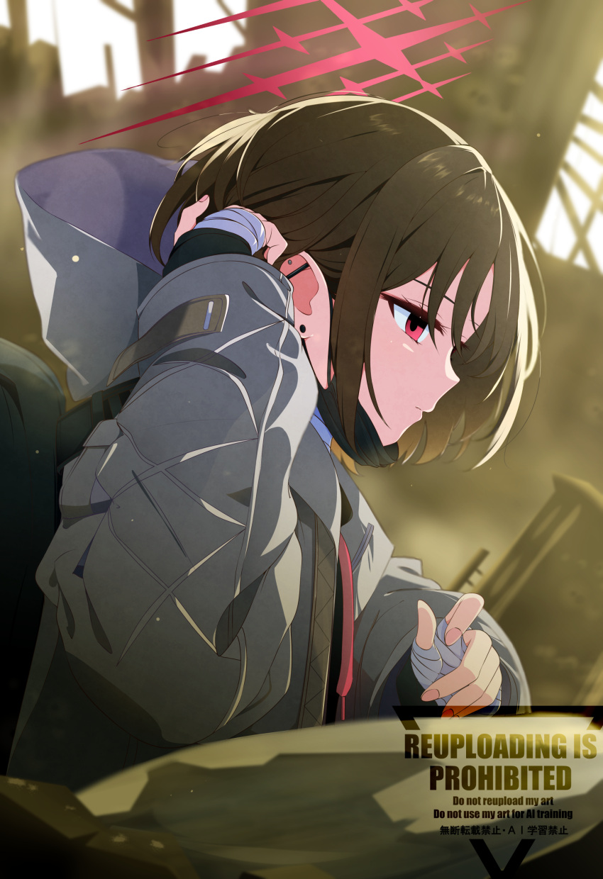 1girl, absurdres, bandaged_hand, bandaged_neck, bandages, barbell_piercing, black_hoodie, black_mask
