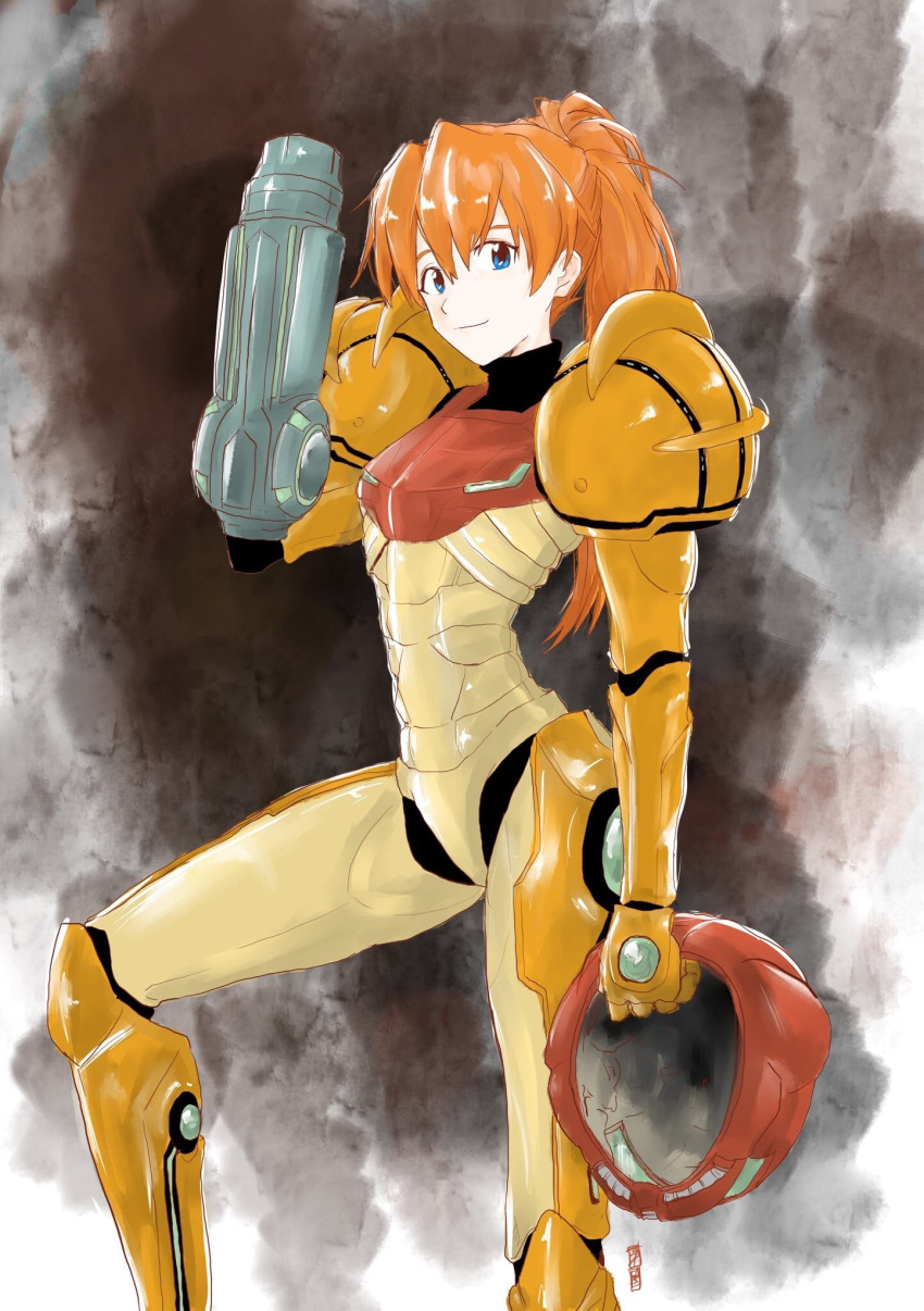 1girl, alternate_costume, alternate_hairstyle, arm_cannon, arm_up, armor, blue_eyes, cowboy_shot