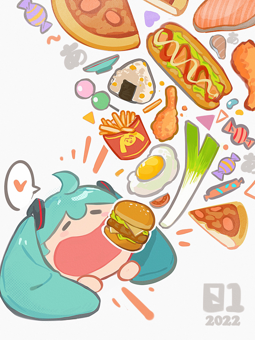 1girl, ahoge, aqua_hair, bowl, burger, candy, cheese, chicken_(food)