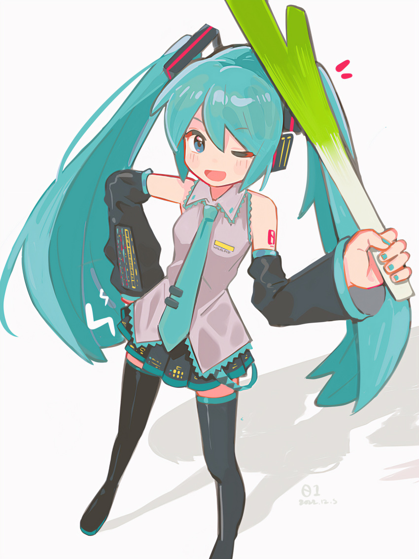 1girl, absurdres, aqua_eyes, aqua_hair, aqua_nails, aqua_necktie, arm_tattoo, black_boots, black_skirt, boots, collared_shirt, commentary_request, dated, detached_sleeves, food, grey_shirt, hair_ornament, hand_on_own_hip, hatsune_miku, highres, holding, holding_food, holding_spring_onion, holding_vegetable, long_hair, looking_at_viewer, nail_polish, necktie, number_tattoo, one_eye_closed, open_mouth, pleated_skirt, saka_(sakadesu0612), shadow, shirt, simple_background, skirt, sleeveless, sleeveless_shirt, solo, spring_onion, tattoo, thigh_boots, tie_clip, twintails, vegetable, very_long_hair, vocaloid, white_background