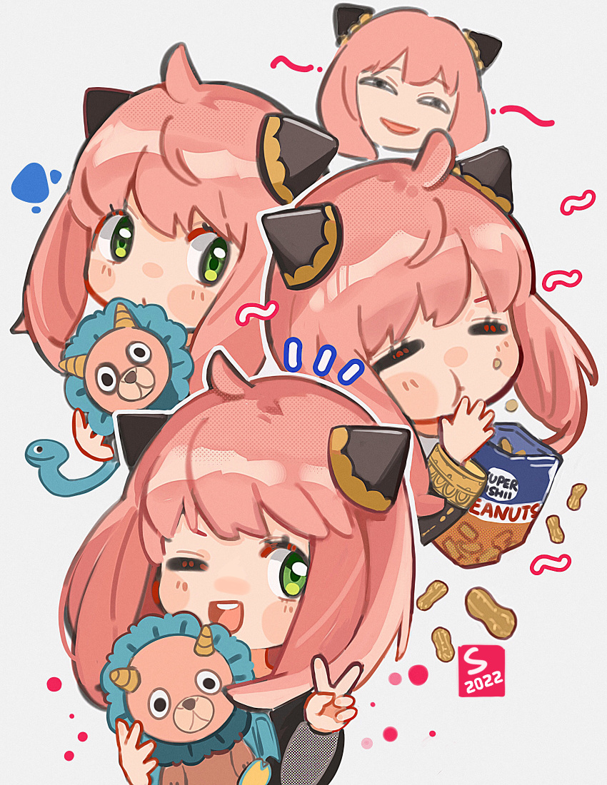 1girl, absurdres, anya's_heh_face_(meme), anya_(spy_x_family), blush_stickers, chinese_commentary, commentary_request, eating