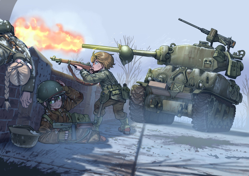3girls, bare_tree, battle, battle_of_the_bulge, black_hair, blonde_hair, blue_eyes, braid