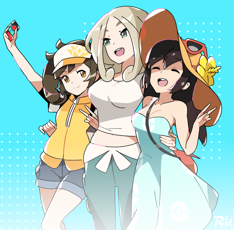 3girls, bare_arms, bare_shoulders, black_hair, blonde_hair, blue_dress, breasts, brown_hair