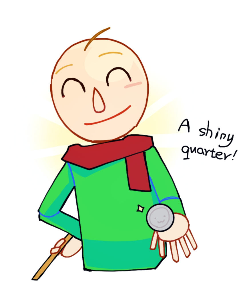 1boy, ^_^, artist_request, bald, baldi, baldi's_basics, closed_eyes, coin, commentary_request, english_text, green_shirt, highres, holding, holding_ruler, long_sleeves, male_focus, red_scarf, ruler, scarf, shirt, smile, solo