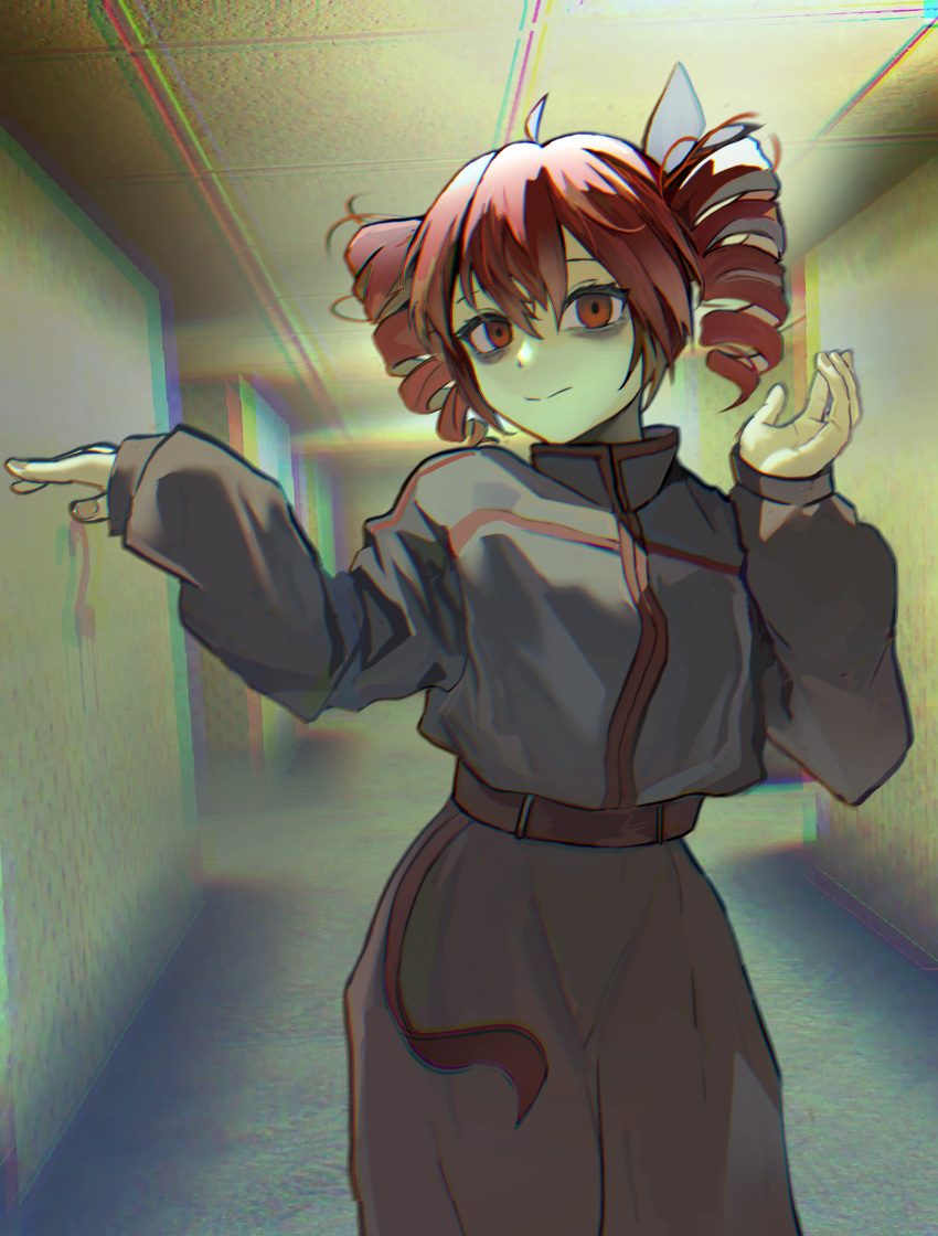 1girl, ahoge, backrooms_(creepypasta), bags_under_eyes, belt, brain_rot_(synthesizer_v), chromatic_aberration, closed_mouth