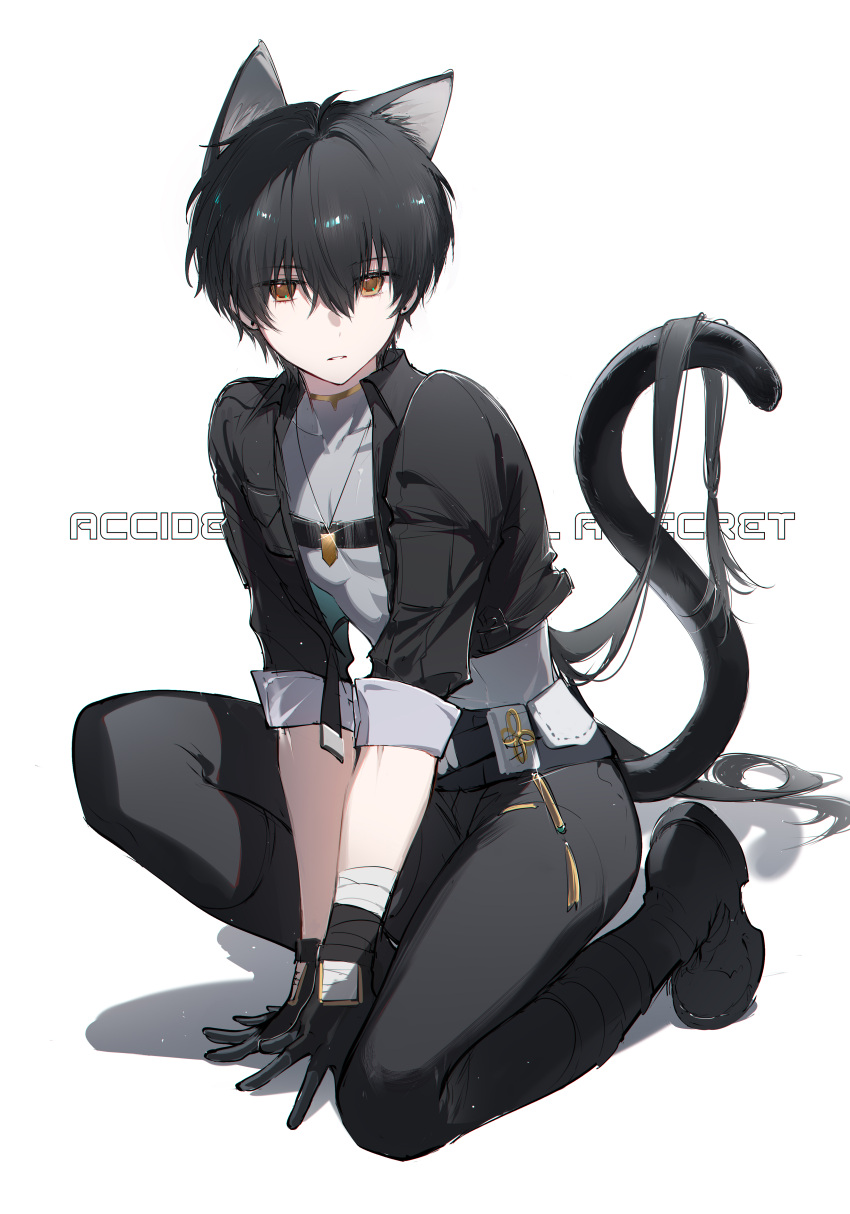 1boy, absurdres, animal_ears, bandaged_arm, bandages, belt, between_legs, black_belt, black_boots, black_gloves, black_hair, black_pants, boots, cat_boy, cat_ears, chest_harness, collarbone, cropped_jacket, earrings, english_text, full_body, gloves, grey_shirt, hair_between_eyes, harness, highres, jewelry, long_hair, looking_at_viewer, male_focus, male_rover_(wuthering_waves), necklace, pants, parted_lips, pectorals, rover_(wuthering_waves), shirt, sleeves_rolled_up, solo, squatting, stud_earrings, tassel, tight_clothes, tight_pants, tight_shirt, very_long_hair, watashi_wa_chibi, white_background, wuthering_waves, yellow_eyes